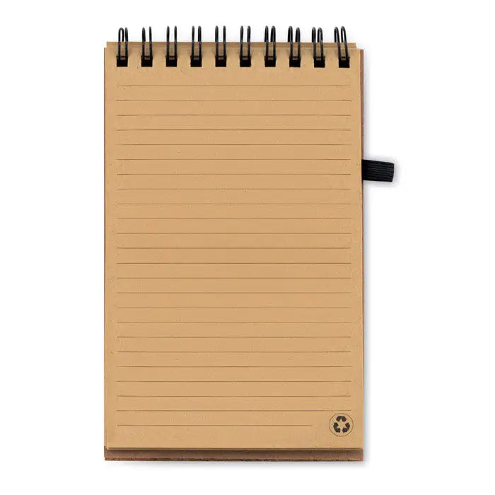 Blocnotes din pluta a6 cu stilou cu coperta kraft spiralata si pagini liniate cu bind plastic negru