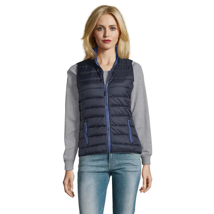 Bodywarmer femeie wave 180g vestă matlasată bleumarin cu fermoar și margini albastre regale contrastante