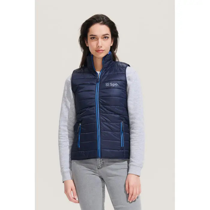 Veste matlasata bodywarmer femeie wave 180g bleumarin cu fermoar si finisaje albastre vii