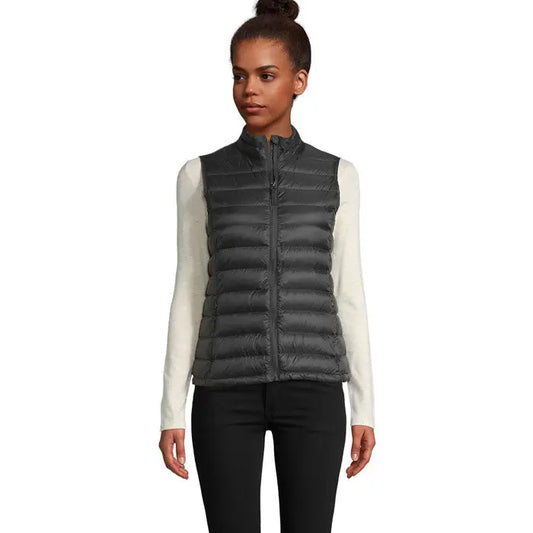 Bodywarmer Wilson BW femei vesta puf matlasata gri închis cu fermoar lung si guler inalt