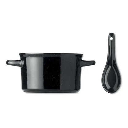 Bol ceramic vintage 550 ml oală neagră emailată cu două mânere și lingură asortată din ceramică