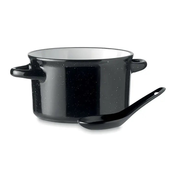 Bol ceramic vintage 550 ml oală emailată neagră cu pete și lingură asortată pentru gătit și servire