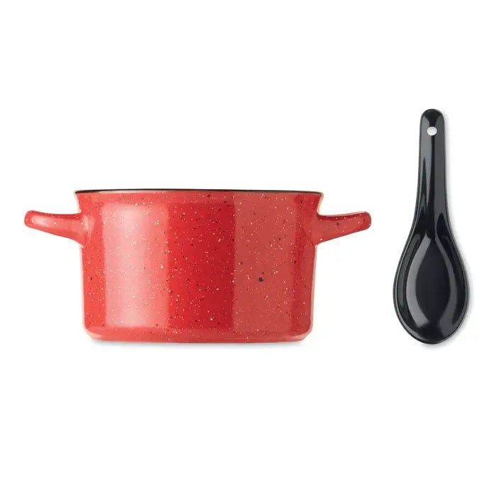 Bol ceramic vintage 550 ml vas emailat rosu cu pete si doua manere pentru gatit si servire