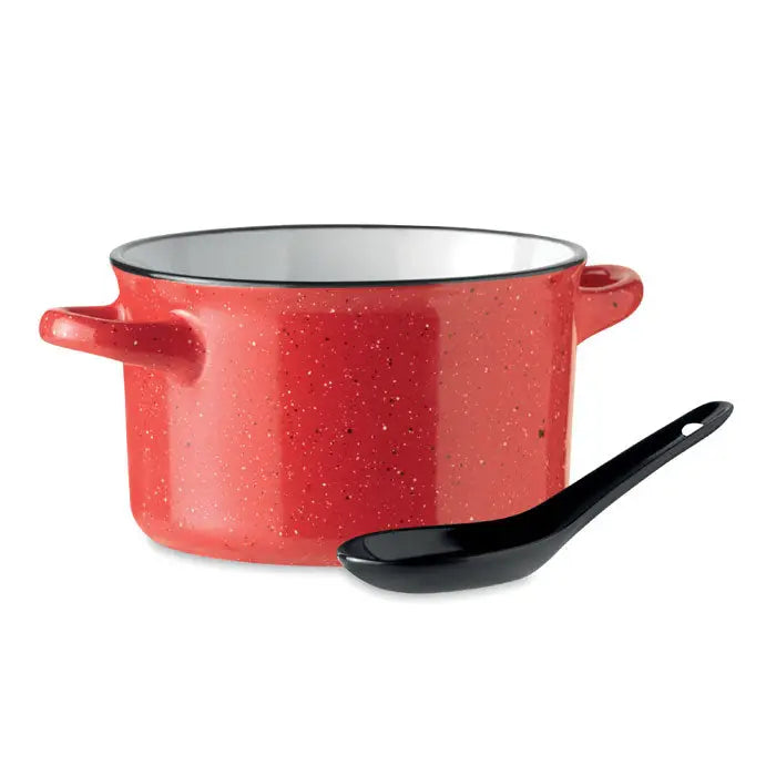 Bol ceramic vintage 550 ml oală vintage din email roșu patat cu interior negru și două mânere cu lingură neagră elegantă