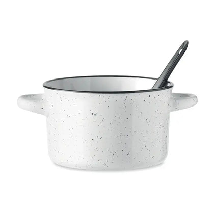 Bol ceramic vintage 550 ml oală emailată albă fumurie cu margine și mânere negre și lingură asortată neagră
