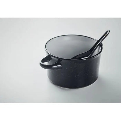 Bol ceramic vintage 550 ml din email negru cu pete si lingura asortata pe interior
