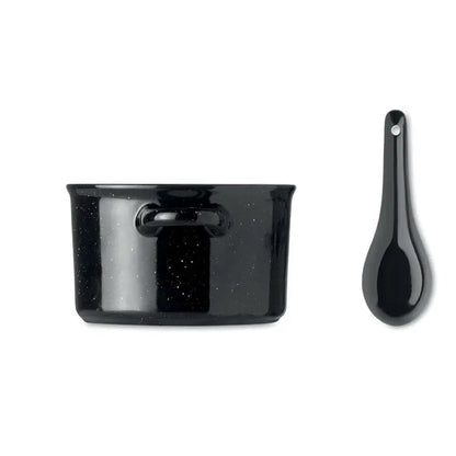 Bol ceramic vintage 550 ml oală emailată neagră cu pete și lingură asortată din ceramică