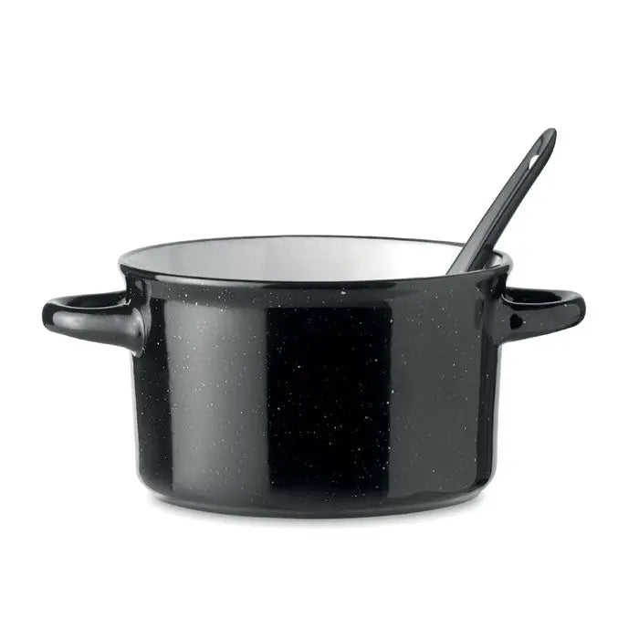 Bol ceramic vintage 550 ml oală smălțuită neagră cu pete și lingură asortată în interior