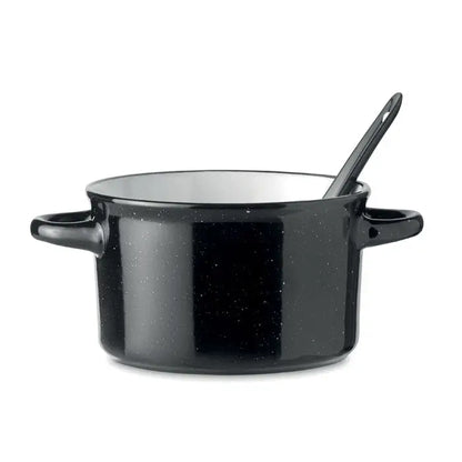 Bol ceramic vintage 550 ml oală smălțuită neagră cu pete și lingură asortată în interior