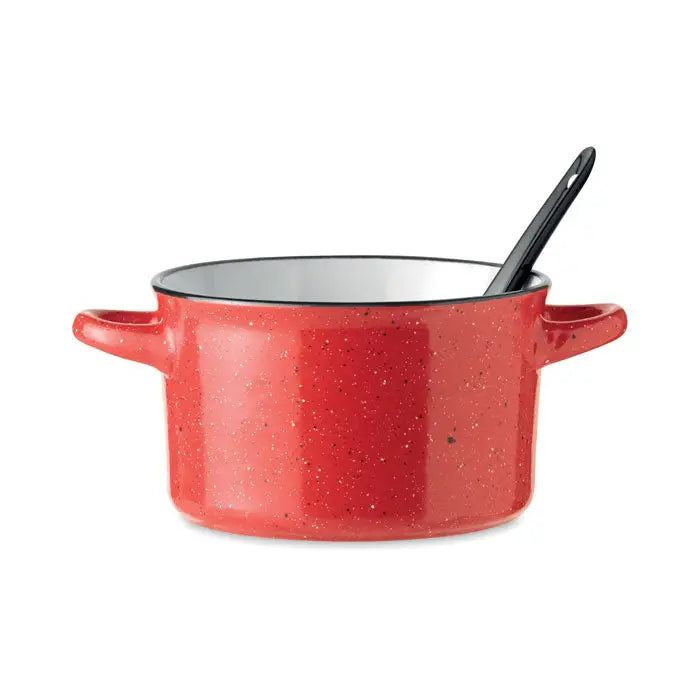 Bol ceramic vintage 550 ml oală emailată roșie cu pete și lingură cu mâner negru în interior
