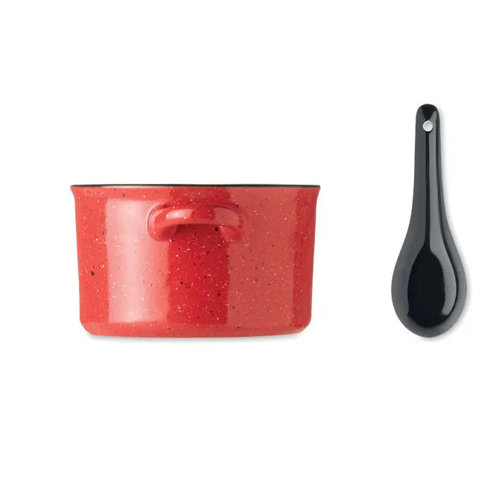 Bol ceramic vintage 550 ml oală emailată roșie cu pete și un mâner simplu din ceramică