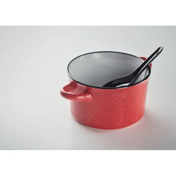 Bol ceramic vintage 550 ml oală emailată roșie cu interior negru și lingură asortată pentru gătit