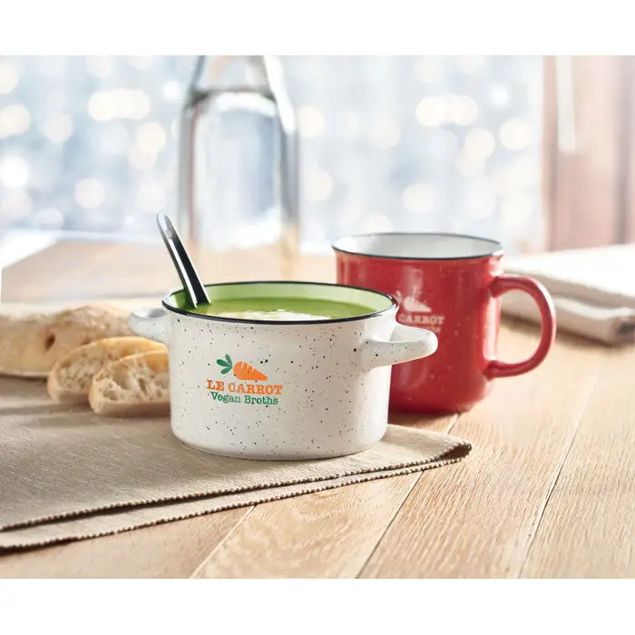 Bol ceramic vintage 550 ml oală de supă emailată albă cu pete cu margine verde și logo morcov portocaliu le carrot vegan broths