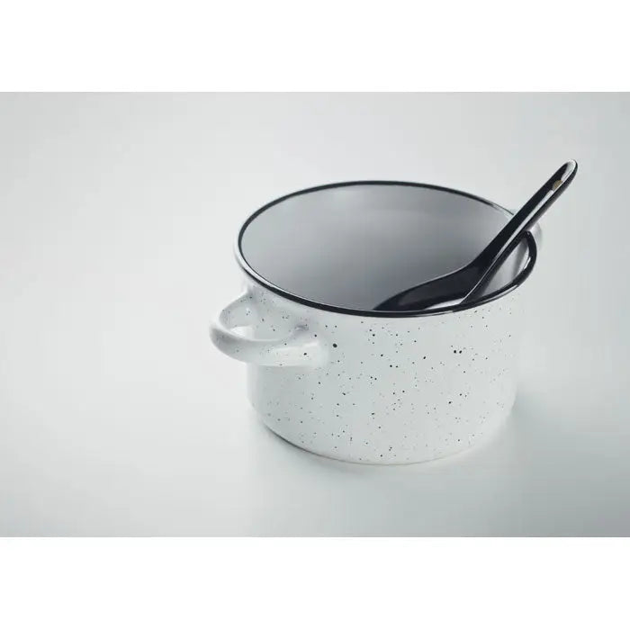 Bol ceramic vintage 550 ml bol emailat alb cu pete, margine neagra si lingura asortata din otel