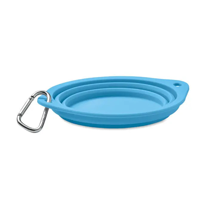 Bol portabil pentru animale de companie 350 ml, bol pliabil din silicon albastru cu carabinieră metalică argintie