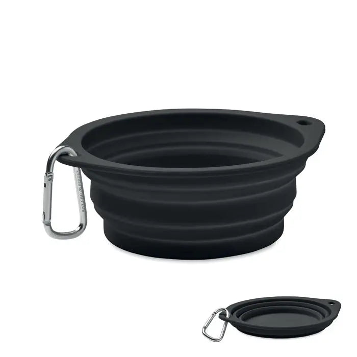 Bol portabil pentru animale de companie 350 ml din silicon pliabil negru cu carabinieră argintie pentru transport facil