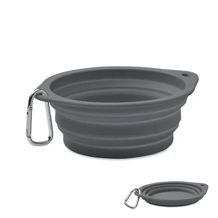 Bol portabil pentru animale de companie 350 ml din silicon pliabil gri cu carabinieră argintie pentru transport facil