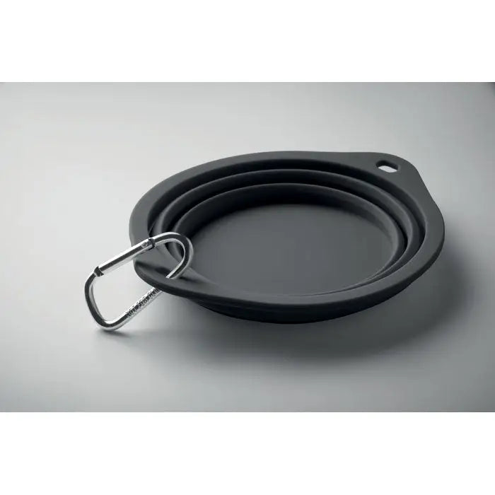 Bol portabil pentru animale de companie 350 ml din silicon negru pliabil cu carabinieră argintie atașată