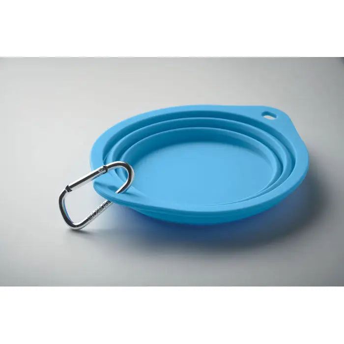 Bol portabil albastru din silicon pentru animale de companie 350 ml cu clema carabiniera argintie