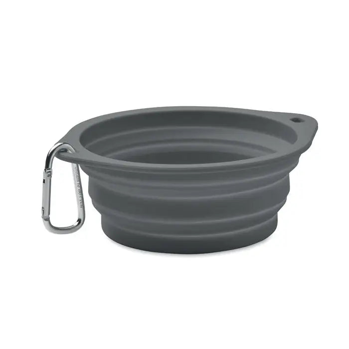 Bol portabil pentru animale de companie 350 ml din silicon pliabil gri cu carabinieră argintie pentru transport facil