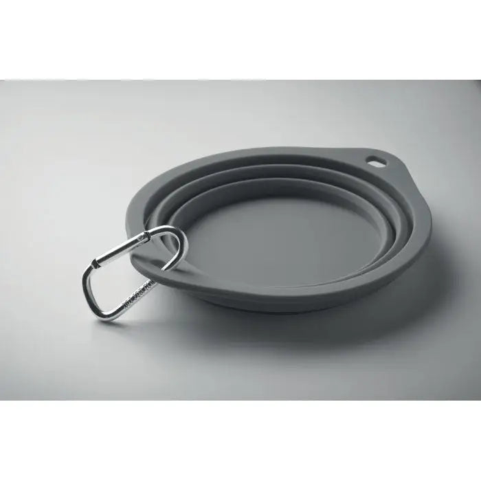 Bol portabil gri din silicon pliabil pentru animale de companie 350 ml cu carabinieră argintie atașată