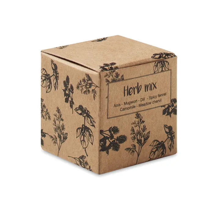 Cutie de carton maro cu ilustrații botanice negre și etichetă herb mix cu anason, pelin, mărar