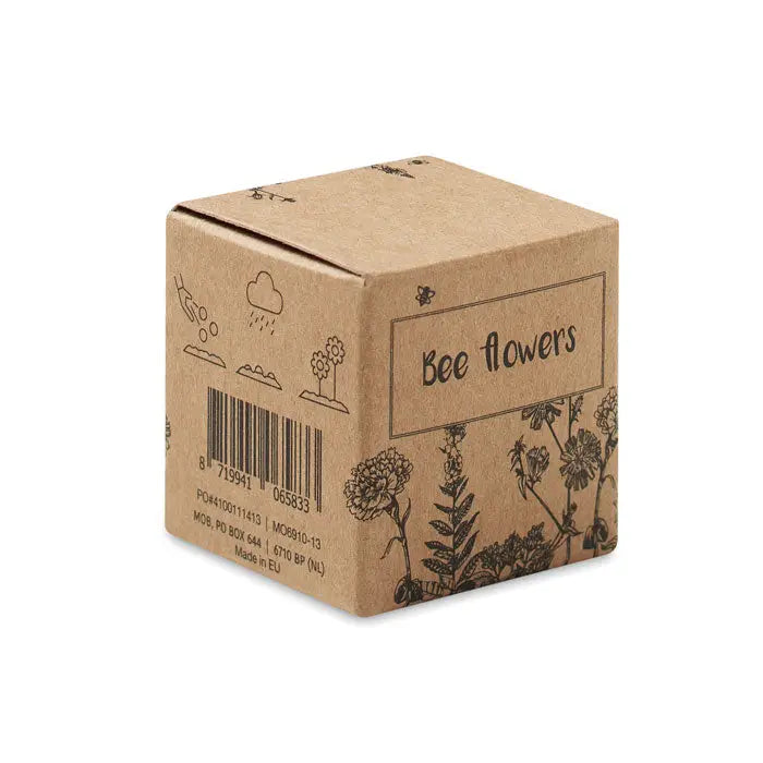 Cutie maro din hartie kraft cu ilustratii negre cu flori de albine si natura pentru bomba de seminte cu flori de albine