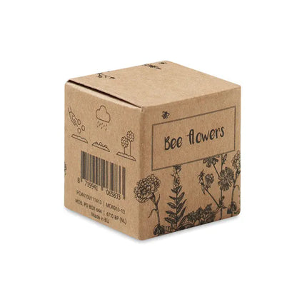 Cutie maro din hartie kraft cu ilustratii negre cu flori de albine si natura pentru bomba de seminte cu flori de albine