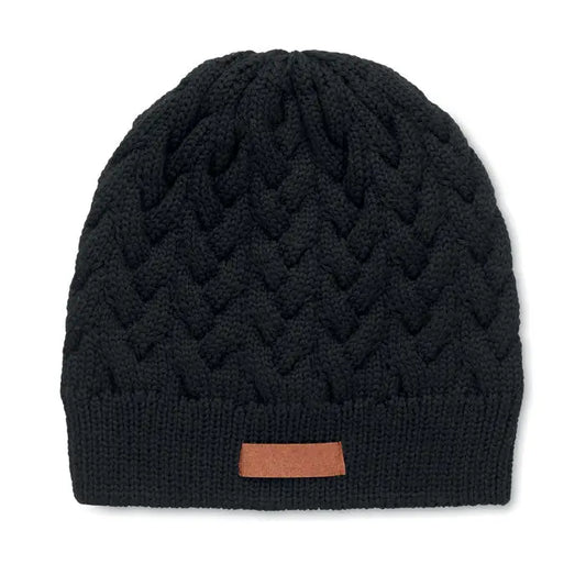 Bonita din tricot cablu din rpet beanie negru cu model texturat si eticheta maro din piele la borul