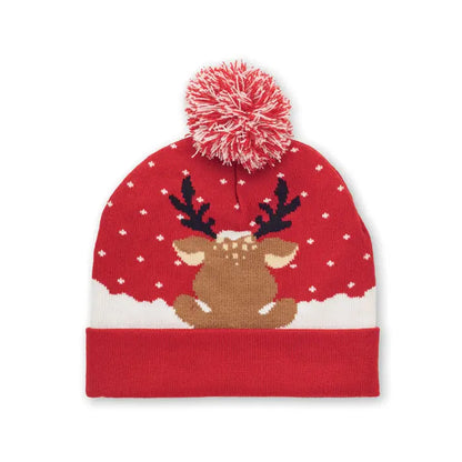 Bonita tricotata de craciun red knitted beanie with brown reindeer design black antlers white snowflakes and pom-pom