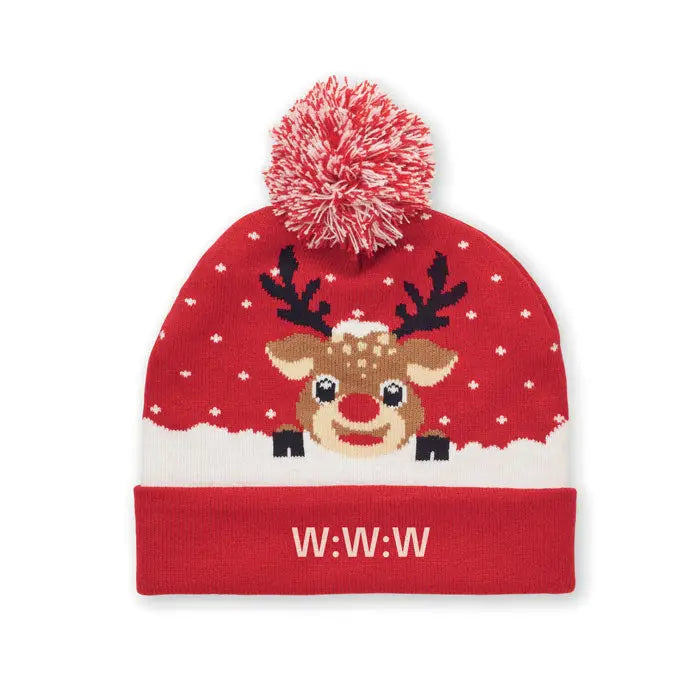 Bonita tricotata de craciun red knitted christmas beanie with smiling reindeer snowflakes and red pom-pom