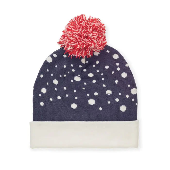 Bonita tricotata de Craciun navy blue beanie din lana cu model alb de fulgi si pompon rosu si alb