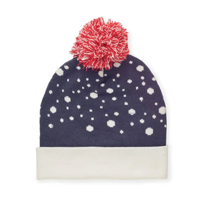 Bonita tricotata de Craciun navy blue beanie din lana cu model alb de fulgi si pompon rosu si alb