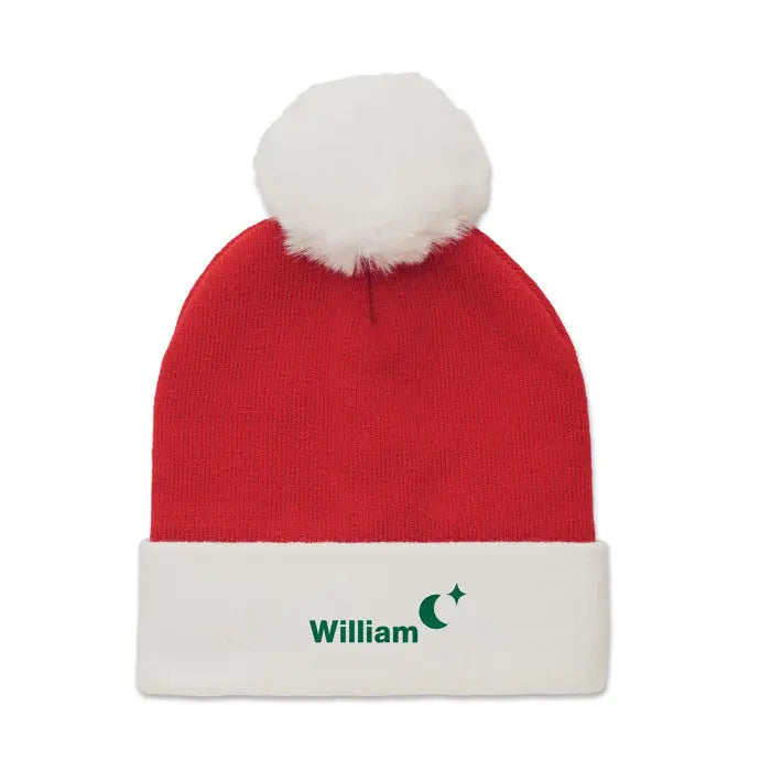 Bonita tricotata de craciun cu caciula rosie din lana cu ciucure alb si manseta crem cu numele william si semiluna verde