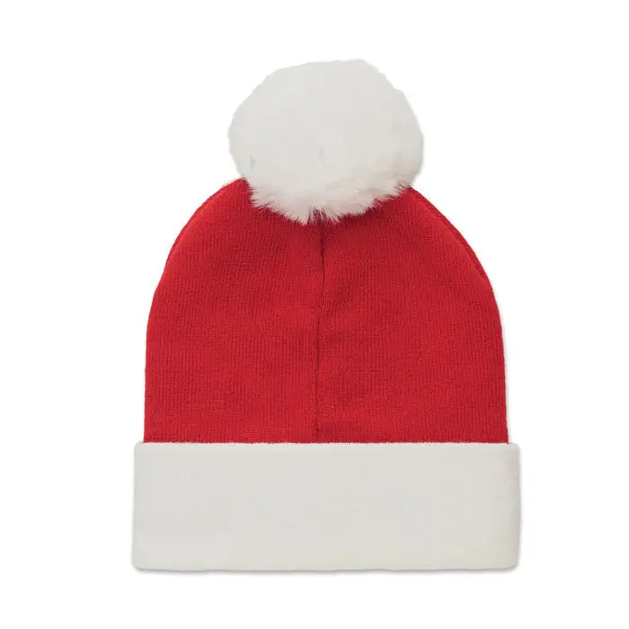 Bonita tricotata de craciun red knit santa hat with white fluffy pom-pom and folded white brim