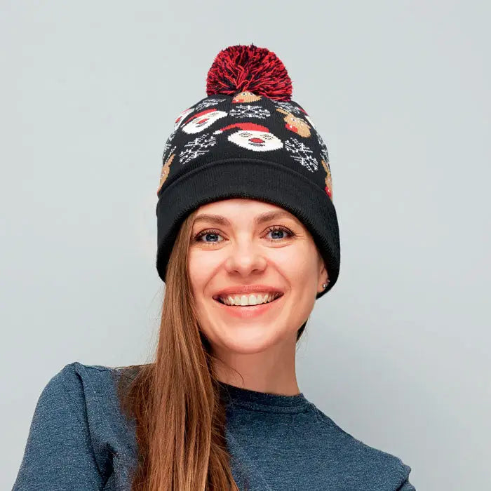 Bonita tricotata de craciun black knit beanie with festive snowman and snowflake patterns topped with red pom pom