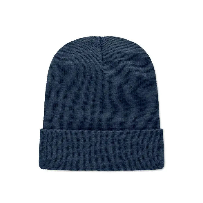 Bonita caciula unisex bleumarin din poliester rpet cu tiv rabatabil si textura tricotata