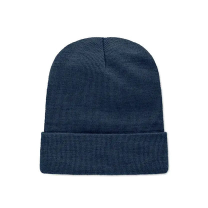Bonita caciula unisex bleumarin din poliester rpet cu tiv rabatabil si textura tricotata