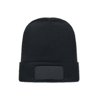 Bonita unisex caciula neagra tricotata din poliester rpet cu maneca rabatabila si patch dreptunghiular pe fata