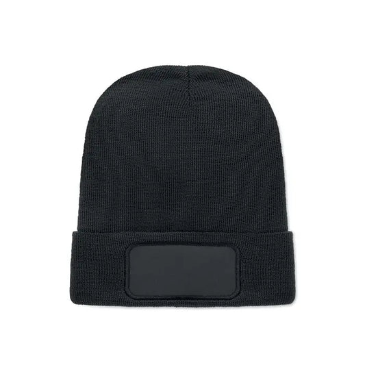 Bonita unisex caciula neagra tricotata din poliester rpet cu maneca rabatabila si patch dreptunghiular pe fata