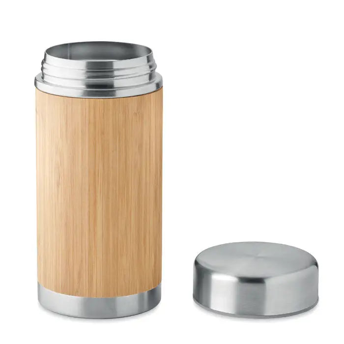 Borcan alimentar cu perete dublu 600 ml din bambus si otel inoxidabil cu design minimalist si izolare termica