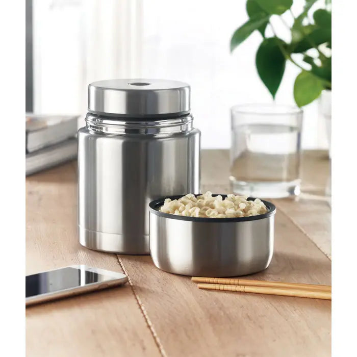 Borcan cu perete dublu 800ml set inox izolat format din borcan cilindric mare si bol mic metalic lucios