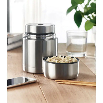 Borcan cu perete dublu 800ml set inox izolat format din borcan cilindric mare si bol mic metalic lucios