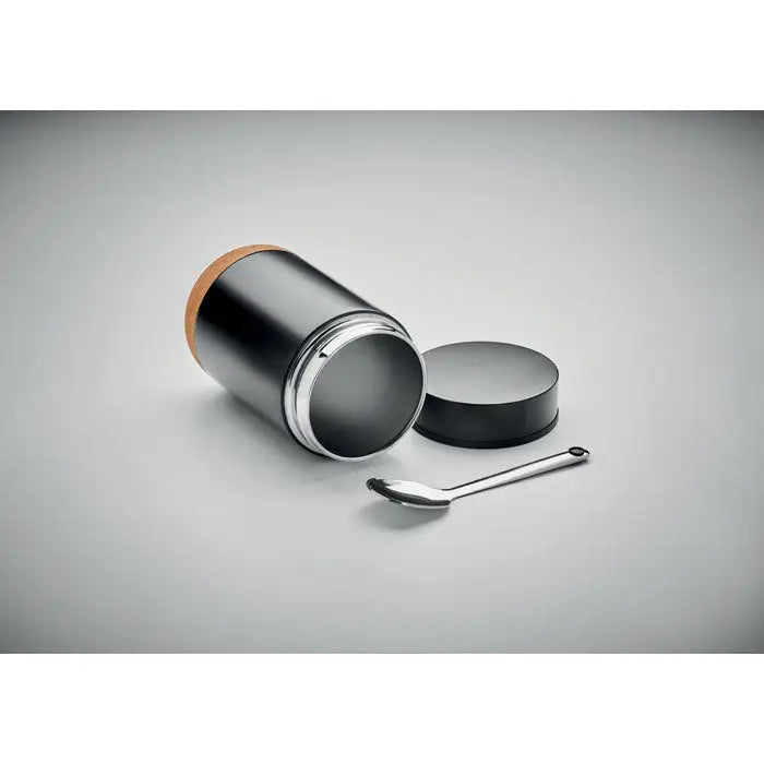 Borcan de depozitare cilindric negru cu perete dublu 400 ml capac cu plută și lingură din oțel inoxidabil lângă el