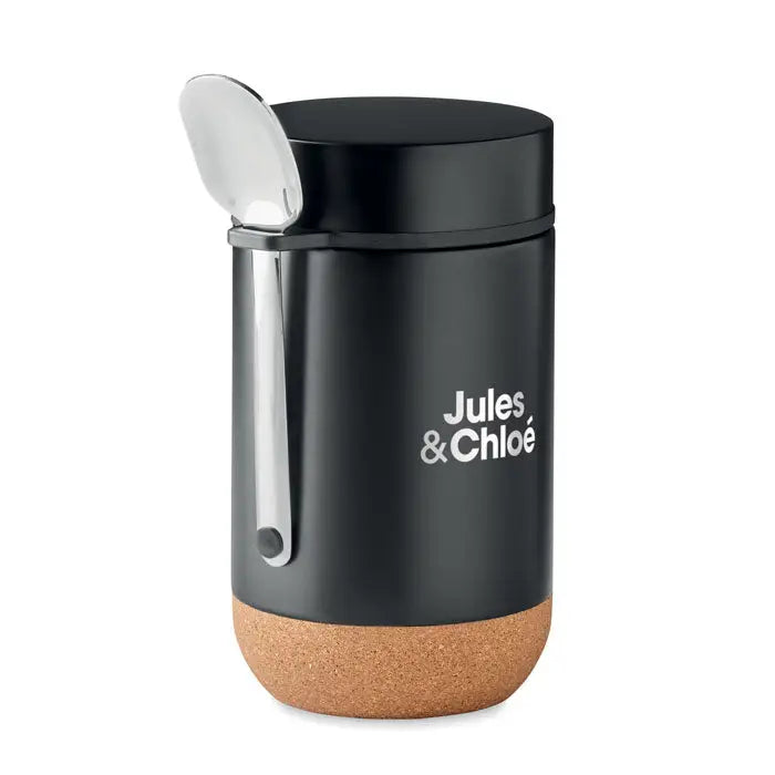 Borcan de depozitare cu perete dublu 400 ml jules & chloé negru cu baza de plută și linguriță argintie atașată