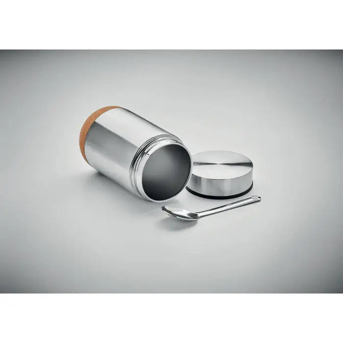 Borcan de depozitare cu perete dublu 400 ml din inox cilindric cu capac metalic și garnitură de plută pentru condimente