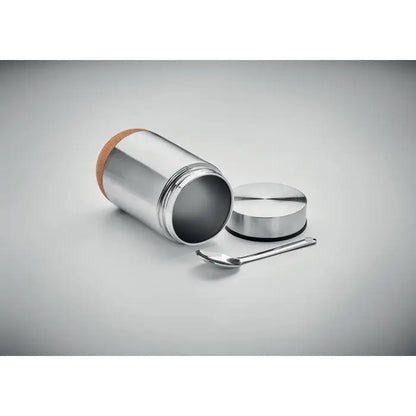 Borcan de depozitare cu perete dublu 400 ml din inox cilindric cu capac metalic și garnitură de plută pentru condimente