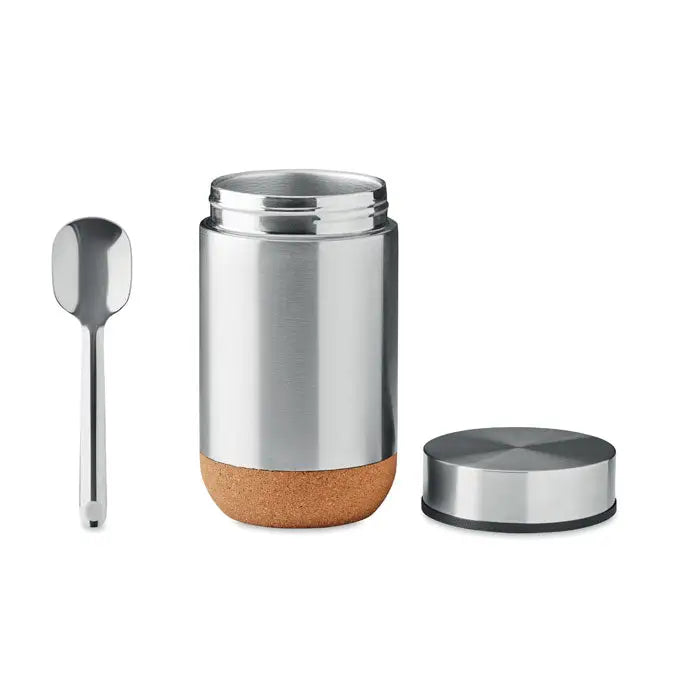 Borcan de depozitare cu perete dublu 400 ml din inox cu interior captusit cu plută și capac asortat