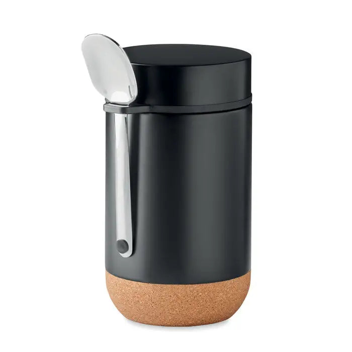 Borcan de depozitare cu perete dublu 400 ml negru mat cu baza de pluta si lingurita argintie atasata
