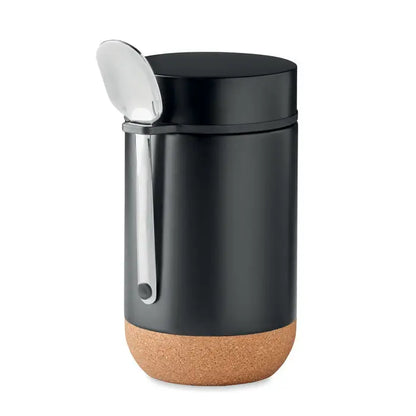 Borcan de depozitare cu perete dublu 400 ml negru mat cu baza de pluta si lingurita argintie atasata